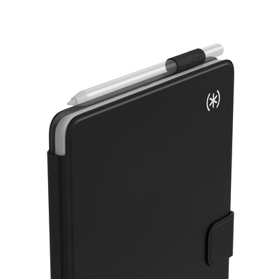 Three-quarter view of the front of the case, with folio closed showing how stylus attaches to case