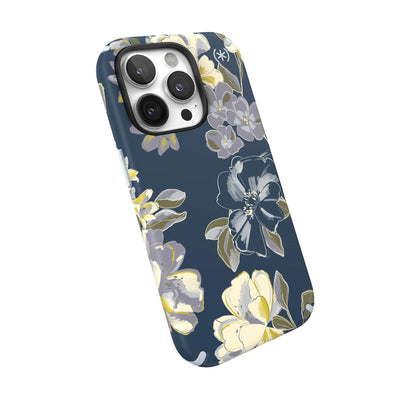 Tilted three-quarter angled view of back of phone case#color_artistic-floral-tear-blue