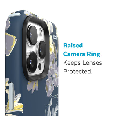 Slightly tilted view of side of phone case showing phone cameras - Raised camera ring keeps lenses protected.#color_artistic-floral-tear-blue