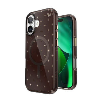 Three-quarter view of back of phone case with phone inside shown over top of front view of phone case with phone inside#color_luxury-shade-gold-stars