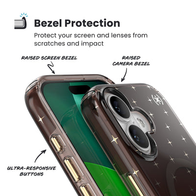 Raised bezels around phone screen and camera are highlighted. Text reads Bezel Protectection: Protect your screen and lenses from scratches and impact; Raised screen bezel; Raised camera bezel; Ultra-responsive buttons#color_luxury-shade-gold-stars