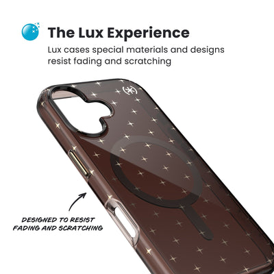Close-up of the back and side of a phone case, showing its unique appearance. Text reads The Lux Experience: Lux cases special materials and designs resist fading and scratching; designed to resist fading and scratching#color_luxury-shade-gold-stars