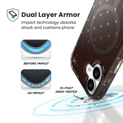 A corner of the case impacts the ground - a diagram shows interior cushion of phone before impact and on impact. Text reads Dual Layer Armor: Impact technology absorbs shock and cushions phone; 13-foot drop tested#color_luxury-shade-gold-stars