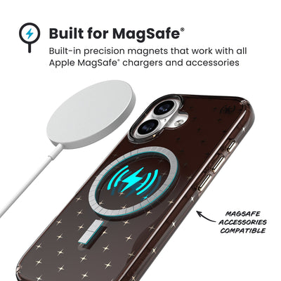A MagSafe charger hovers over the back of the phone case. Text reads Built for MagSafe: Built-in precision magnets that work with all Apple MagSafe chargers and accessories; MagSafe accessories compatible#color_luxury-shade-gold-stars