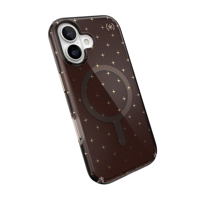 Tilted slight perspective view of back of phone case with phone inside#color_luxury-shade-gold-stars