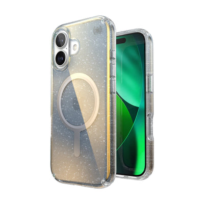 Three-quarter view of back of phone case with phone inside shown over top of front view of phone case with phone inside#color_clear-hyper-mirror-glitter