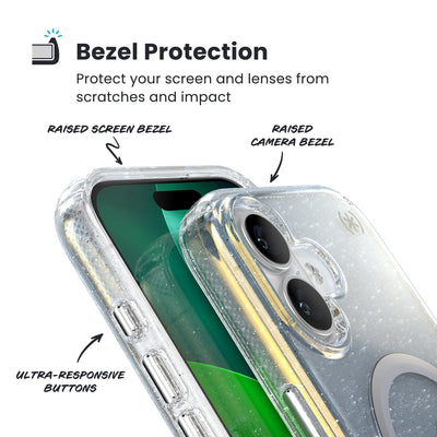 Raised bezels around phone screen and camera are highlighted. Text reads Bezel Protectection: Protect your screen and lenses from scratches and impact; Raised screen bezel; Raised camera bezel; Ultra-responsive buttons#color_clear-hyper-mirror-glitter