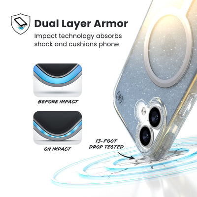 A corner of the case impacts the ground - a diagram shows interior cushion of phone before impact and on impact. Text reads Dual Layer Armor: Impact technology absorbs shock and cushions phone; 13-foot drop tested#color_clear-hyper-mirror-glitter