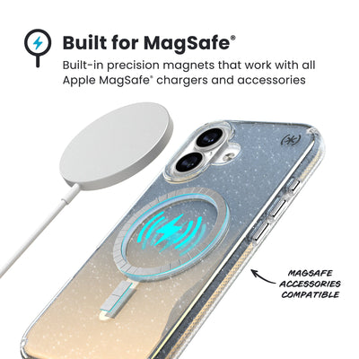 A MagSafe charger hovers over the back of the phone case. Text reads Built for MagSafe: Built-in precision magnets that work with all Apple MagSafe chargers and accessories; MagSafe accessories compatible#color_clear-hyper-mirror-glitter