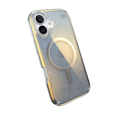 Tilted slight perspective view of back of phone case with phone inside#color_clear-hyper-mirror-glitter