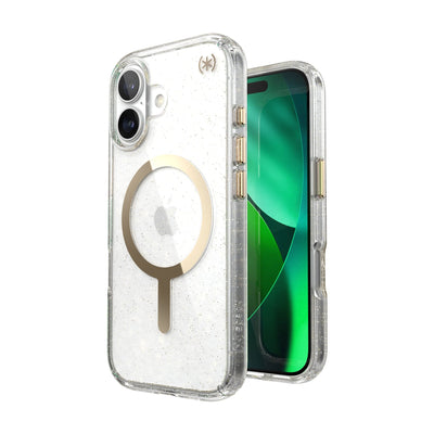 Three-quarter view of back of phone case with phone inside shown over top of front view of phone case with phone inside#color_clear-gold-glitter