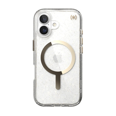 Back view of the phone case with phone inside from straight on#color_clear-gold-glitter