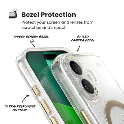 Raised bezels around phone screen and camera are highlighted. Text reads Bezel Protectection: Protect your screen and lenses from scratches and impact; Raised screen bezel; Raised camera bezel; Ultra-responsive buttons#color_clear-gold-glitter
