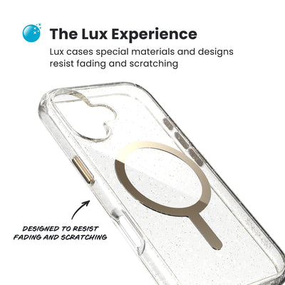 Close-up of the back and side of a phone case, showing its unique appearance. Text reads The Lux Experience: Lux cases special materials and designs resist fading and scratching; designed to resist fading and scratching#color_clear-gold-glitter