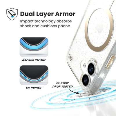 A corner of the case impacts the ground - a diagram shows interior cushion of phone before impact and on impact. Text reads Dual Layer Armor: Impact technology absorbs shock and cushions phone; 13-foot drop tested#color_clear-gold-glitter