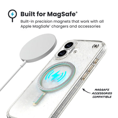 A MagSafe charger hovers over the back of the phone case. Text reads Built for MagSafe: Built-in precision magnets that work with all Apple MagSafe chargers and accessories; MagSafe accessories compatible#color_clear-gold-glitter