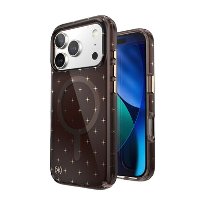 Three-quarter view of back of phone case with phone inside shown over top of front view of phone case with phone inside#color_luxury-shade-gold-stars