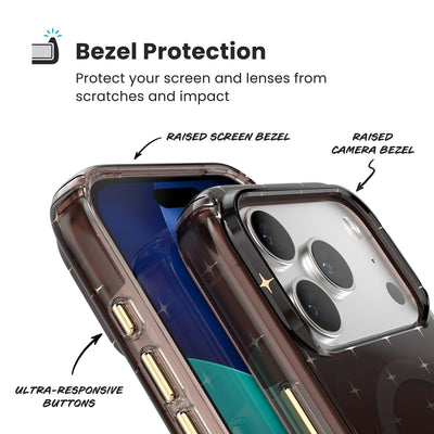 Raised bezels around phone screen and camera are highlighted. Text reads Bezel Protectection: Protect your screen and lenses from scratches and impact; Raised screen bezel; Raised camera bezel; Ultra-responsive buttons#color_luxury-shade-gold-stars