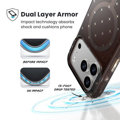 A corner of the case impacts the ground - a diagram shows interior cushion of phone before impact and on impact. Text reads Dual Layer Armor: Impact technology absorbs shock and cushions phone; 13-foot drop tested#color_luxury-shade-gold-stars
