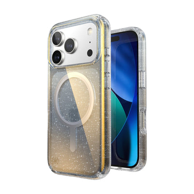Three-quarter view of back of phone case with phone inside shown over top of front view of phone case with phone inside#color_clear-hyper-mirror-glitter