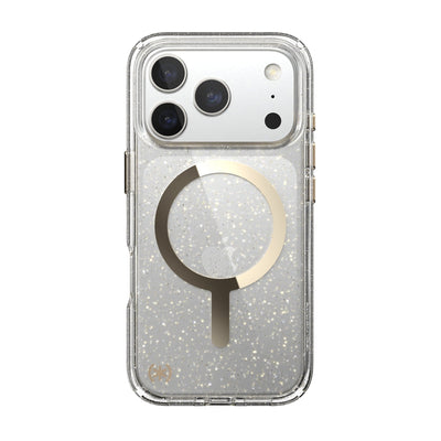 Back view of the phone case with phone inside from straight on#color_clear-gold-glitter