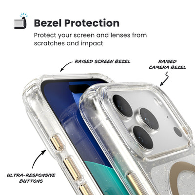 Raised bezels around phone screen and camera are highlighted. Text reads Bezel Protectection: Protect your screen and lenses from scratches and impact; Raised screen bezel; Raised camera bezel; Ultra-responsive buttons#color_clear-gold-glitter