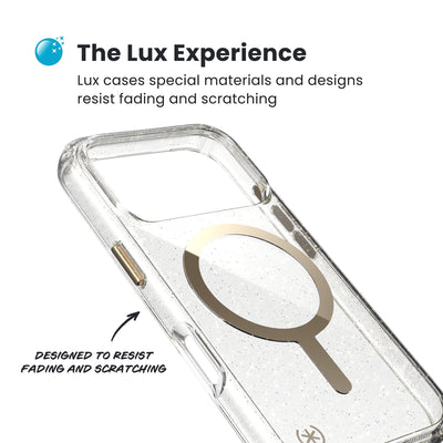 Close-up of the back and side of a phone case, showing its unique appearance. Text reads The Lux Experience: Lux cases special materials and designs resist fading and scratching; designed to resist fading and scratching#color_clear-gold-glitter