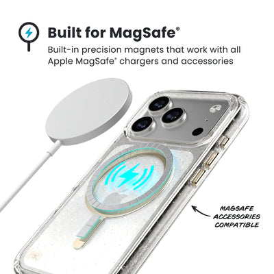 A MagSafe charger hovers over the back of the phone case. Text reads Built for MagSafe: Built-in precision magnets that work with all Apple MagSafe chargers and accessories; MagSafe accessories compatible#color_clear-gold-glitter