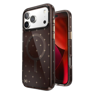 Three-quarter view of back of phone case with phone inside shown over top of front view of phone case with phone inside#color_luxury-shade-gold-stars