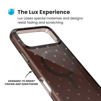 Close-up of the back and side of a phone case, showing its unique appearance. Text reads The Lux Experience: Lux cases special materials and designs resist fading and scratching; designed to resist fading and scratching#color_luxury-shade-gold-stars
