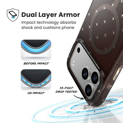 A corner of the case impacts the ground - a diagram shows interior cushion of phone before impact and on impact. Text reads Dual Layer Armor: Impact technology absorbs shock and cushions phone; 13-foot drop tested#color_luxury-shade-gold-stars