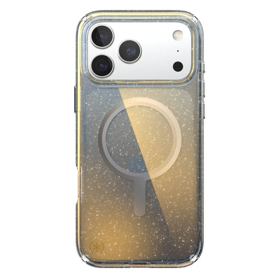 Back view of the phone case with phone inside from straight on#color_clear-hyper-mirror-glitter