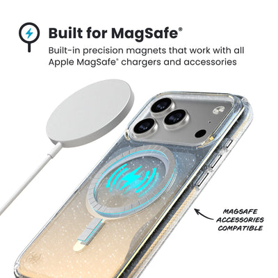 A MagSafe charger hovers over the back of the phone case. Text reads Built for MagSafe: Built-in precision magnets that work with all Apple MagSafe chargers and accessories; MagSafe accessories compatible#color_clear-hyper-mirror-glitter