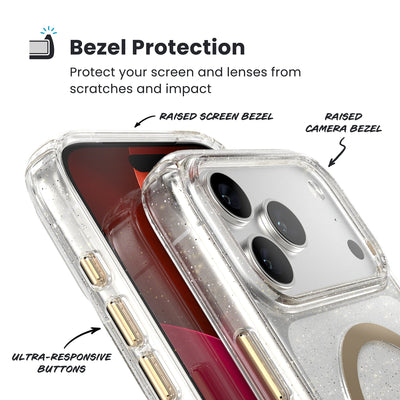 Raised bezels around phone screen and camera are highlighted. Text reads Bezel Protectection: Protect your screen and lenses from scratches and impact; Raised screen bezel; Raised camera bezel; Ultra-responsive buttons#color_clear-gold-glitter