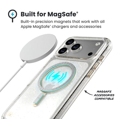 A MagSafe charger hovers over the back of the phone case. Text reads Built for MagSafe: Built-in precision magnets that work with all Apple MagSafe chargers and accessories; MagSafe accessories compatible#color_clear-gold-glitter