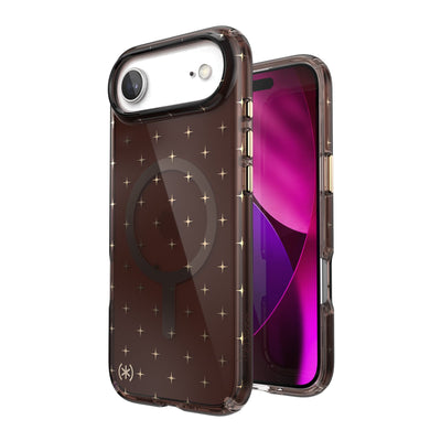 Three-quarter view of back of phone case with phone inside shown over top of front view of phone case with phone inside#color_luxury-shade-gold-stars