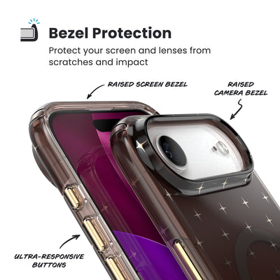 Raised bezels around phone screen and camera are highlighted. Text reads Bezel Protectection: Protect your screen and lenses from scratches and impact; Raised screen bezel; Raised camera bezel; Ultra-responsive buttons#color_luxury-shade-gold-stars