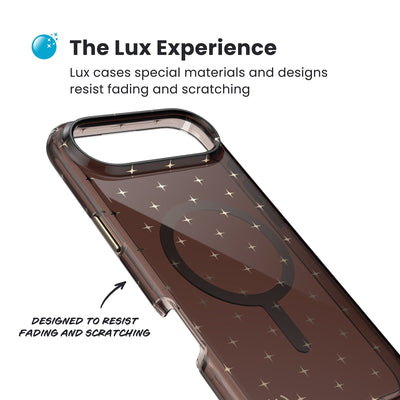Close-up of the back and side of a phone case, showing its unique appearance. Text reads The Lux Experience: Lux cases special materials and designs resist fading and scratching; designed to resist fading and scratching#color_luxury-shade-gold-stars