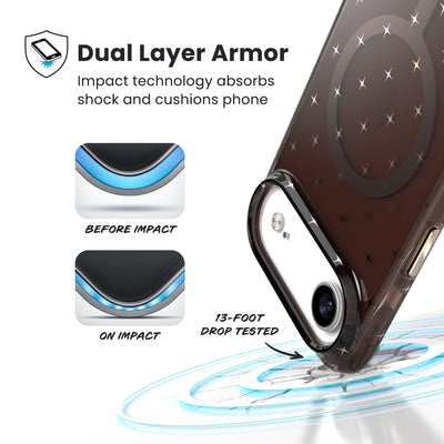 A corner of the case impacts the ground - a diagram shows interior cushion of phone before impact and on impact. Text reads Dual Layer Armor: Impact technology absorbs shock and cushions phone; 13-foot drop tested#color_luxury-shade-gold-stars