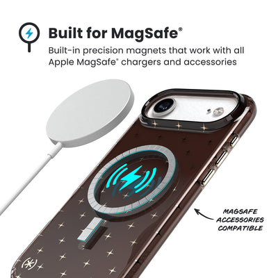 A MagSafe charger hovers over the back of the phone case. Text reads Built for MagSafe: Built-in precision magnets that work with all Apple MagSafe chargers and accessories; MagSafe accessories compatible#color_luxury-shade-gold-stars