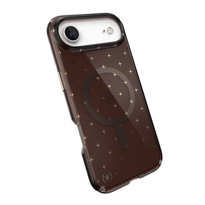 Tilted slight perspective view of back of phone case with phone inside#color_luxury-shade-gold-stars