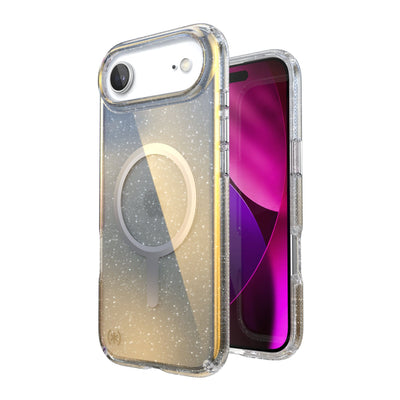 Three-quarter view of back of phone case with phone inside shown over top of front view of phone case with phone inside#color_clear-hyper-mirror-glitter