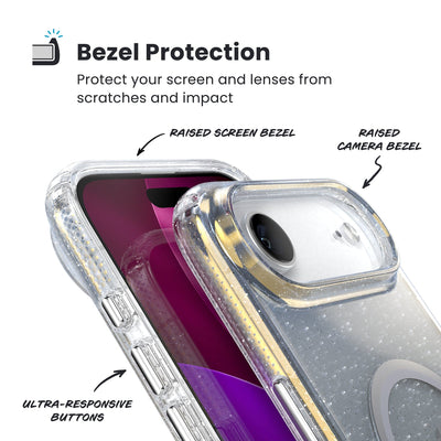 Raised bezels around phone screen and camera are highlighted. Text reads Bezel Protectection: Protect your screen and lenses from scratches and impact; Raised screen bezel; Raised camera bezel; Ultra-responsive buttons#color_clear-hyper-mirror-glitter