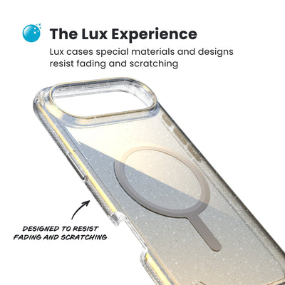 Close-up of the back and side of a phone case, showing its unique appearance. Text reads The Lux Experience: Lux cases special materials and designs resist fading and scratching; designed to resist fading and scratching#color_clear-hyper-mirror-glitter