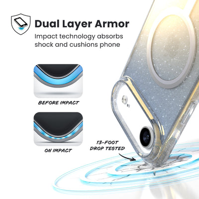 A corner of the case impacts the ground - a diagram shows interior cushion of phone before impact and on impact. Text reads Dual Layer Armor: Impact technology absorbs shock and cushions phone; 13-foot drop tested#color_clear-hyper-mirror-glitter