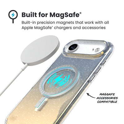 A MagSafe charger hovers over the back of the phone case. Text reads Built for MagSafe: Built-in precision magnets that work with all Apple MagSafe chargers and accessories; MagSafe accessories compatible#color_clear-hyper-mirror-glitter