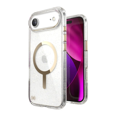 Three-quarter view of back of phone case with phone inside shown over top of front view of phone case with phone inside#color_clear-gold-glitter