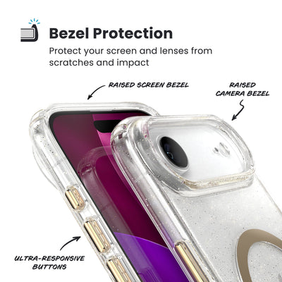 Raised bezels around phone screen and camera are highlighted. Text reads Bezel Protectection: Protect your screen and lenses from scratches and impact; Raised screen bezel; Raised camera bezel; Ultra-responsive buttons#color_clear-gold-glitter