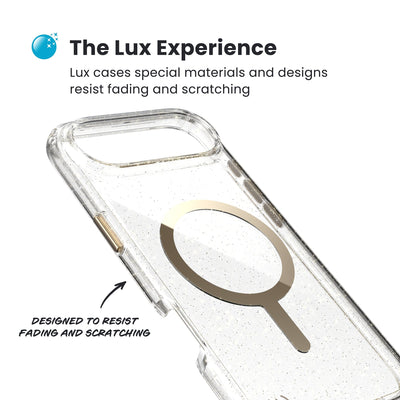 Close-up of the back and side of a phone case, showing its unique appearance. Text reads The Lux Experience: Lux cases special materials and designs resist fading and scratching; designed to resist fading and scratching#color_clear-gold-glitter