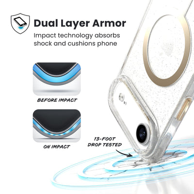 A corner of the case impacts the ground - a diagram shows interior cushion of phone before impact and on impact. Text reads Dual Layer Armor: Impact technology absorbs shock and cushions phone; 13-foot drop tested#color_clear-gold-glitter